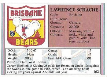 1992 AFL Regina #162 Lawrence Schache Back